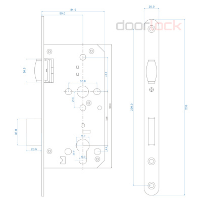 Замок дверной с роликом DL401R/C/55/20/SSS, цилиндровый, матовая нержавеющая сталь